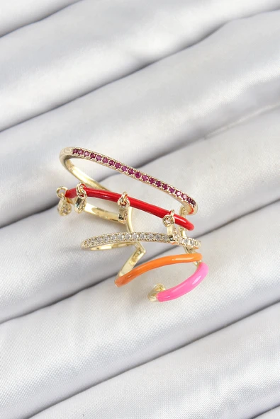 Pirinç Zirkon Taşlı Kırmızı Turuncu Pembe Sıkıştırma Sağ Kıkırdak Gold Renk Kadın Küpe -1492 ürün görseli 1