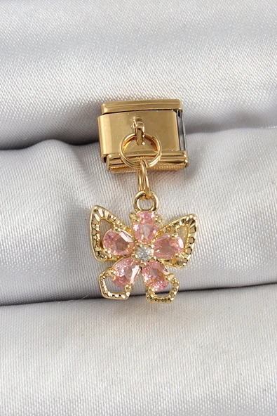 316L Çelik Sallantılı Zirkon Taşlı Çiçek Figürlü Kelebek Model Gold Renk Nomination Charm -1492 ürün görseli 1