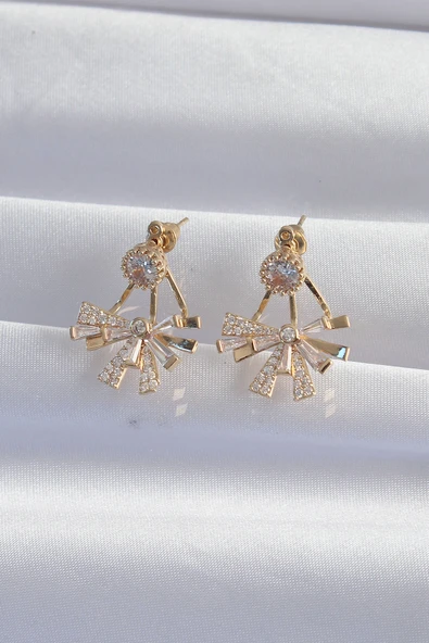 Pirinç Gold Renk Zirkon Taşlı Yassı Fiyonk Model Küpe -1492 ürün görseli 1