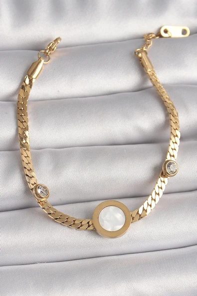 316L Çelik Gold Renk Yassı Zincir Model Zirkon Taş Detaylı Beyaz Mineli Madalyon Model Kadın Bileklik -1492 ürün görseli 1