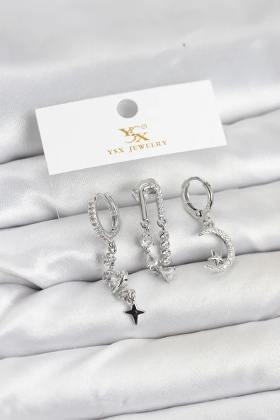 Pirinç Gümüş Renk Zirkon Taşlı Uzay Model YSX Trio Küpe Seti -1492 ürün görseli 1