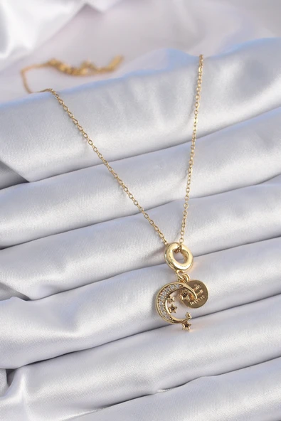316L Çelik Gold Renk Zirkon Taşlı Ay Yıldız  Model Charm Model Kadın Kolye -1492 ürün görseli 1