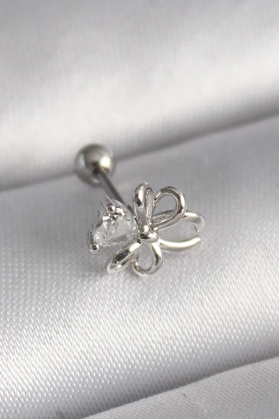 316L Çelik Gümüş Renk Zirkon Taş Detay Kurdele Model Tragus Piercing -1492 ürün görseli 1