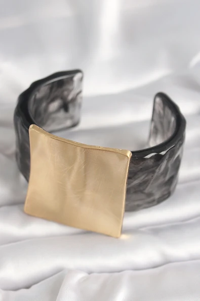 Siyah Mermer Desen Akrilik Plastik Gold Kare Plaka Model Vintage Kadın Bilezik -1492 ürün görseli 1