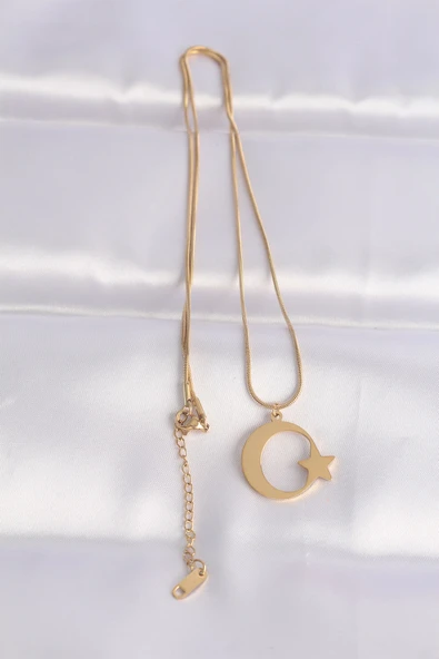 316L Çelik Zincir Gold Renk Ay Yıldız Unisex Kolye -1492 ürün görseli 1