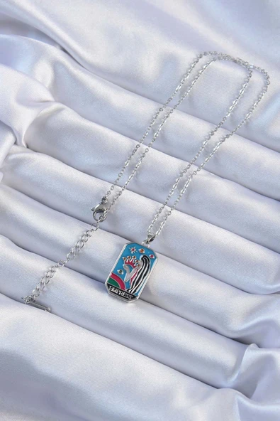 316L Çelik Zincir Gümüş Renk Taç ve Kız Figürlü Renkli Mineli Tarot Kolye -1492 ürün görseli 1