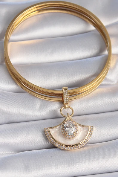 Pirinç Gold Renk Zirkon Taş Detaylı Beyaz Mineli Ajda Charm -1492 ürün görseli 1