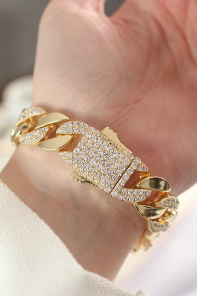 Vip Seri Pirinç Zirkon Taşlı Gold Renk Gurmet Bileklik -1492 ürün görseli 1
