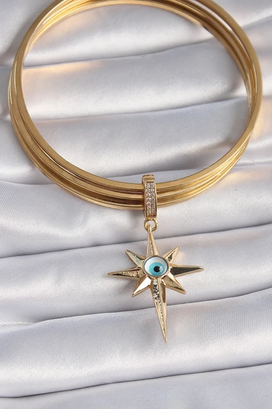 Pirinç Gold Renk Zirkon Taşlı Kutup Yıldızı Nazar Boncuk Detay Ajda Charm -1492 ürün görseli 1