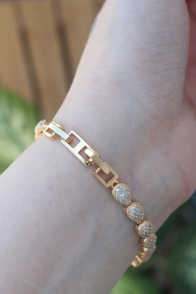 Vip Seri Pirinç Zirkon Taşlı Gold Renk Damla Model Bileklik -1492 ürün görseli 1