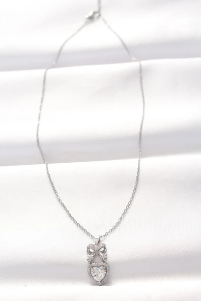 316L Çelik Silver Renk Zirkon Taşlı Kalpli Fiyonk Kolye -1492 ürün görseli 1