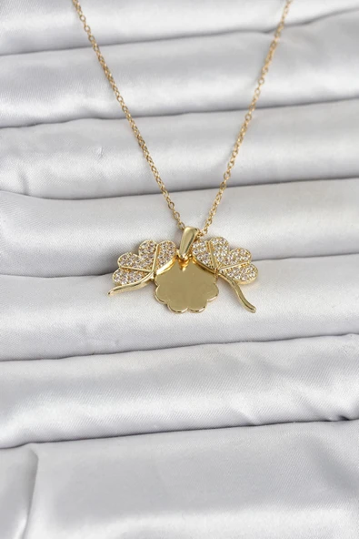 316L Çelik Gold Renk Açılabilir Yonca Model Zirkon Taşlı Kadın Kolye -1492 ürün görseli 1