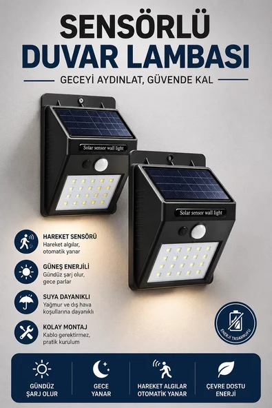 Solar Sensörlü Duvar Lambası Bahçe Lamba 20 Led Işık - Resim 2