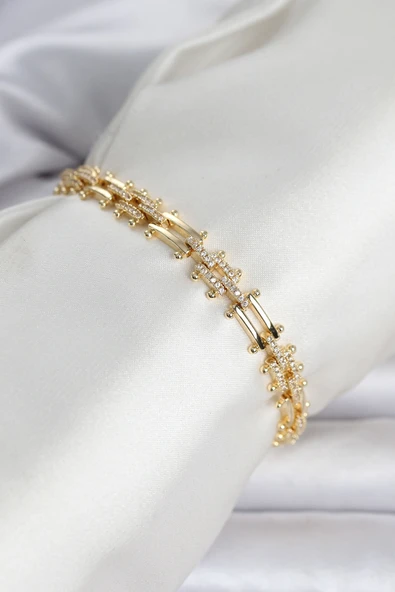 Pirinç Gold Renk Kare Zincir Model Zirkon Taşlı Kadın Bileklik ürün görseli 1