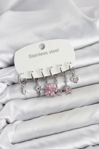 316L Çelik Gümüş Renk Pembe Zirkon Taşlı Lotus Detaylı Kadın Küpe Seti ürün görseli 1