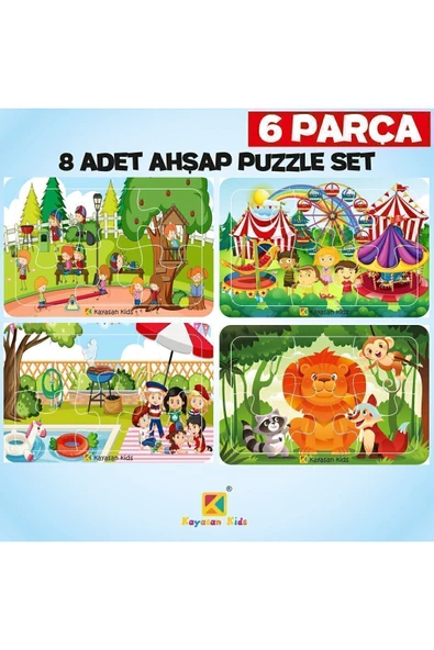 kayasan kids Çocuklar Için Eğitici Ve Öğretici Ahşap 6 Parça Renkli Puzzle 8'li Set-5 ürün görseli 1