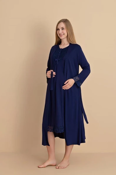 Duchesse 2061 Dantel Kol Lacivert Hamile Lohusa Gecelik Sabahlık Takım ürün görseli 1