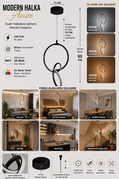 DMR Ahenk Halka Sarkıt Led Avize SİYAH Kasa Üç Renk 6500k/4000k/3000k (Beyaz /Ilık Beyaz/Sarı (Günışığı) ürün görseli 1