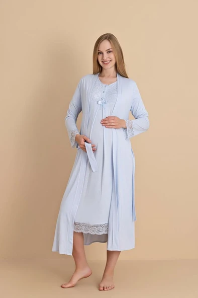 Duchesse  2601 Mavi Dantel Kol Hamile  Lohusa Gecelik Sabahlık Tk ürün görseli 1