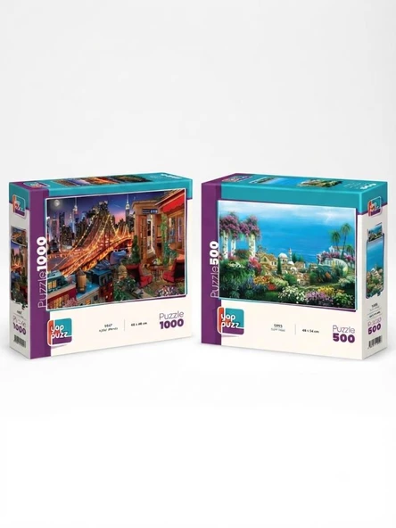 Işıklar Altında ve Sahil Köyü İkili Set - 1000 + 500 Parça İkili Puzzle Seti ürün görseli 1