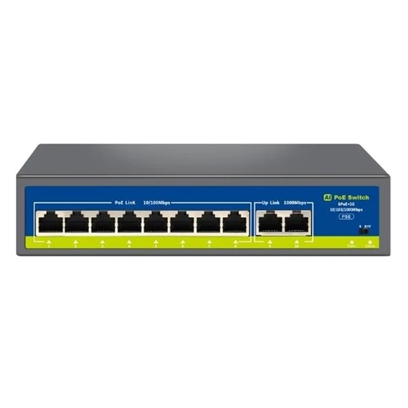 Novacom NVC-HIF0820GBL-C 8+2 Port Gigabit Uplink PoE Switch (250m Extend Modlu) ürün görseli 1