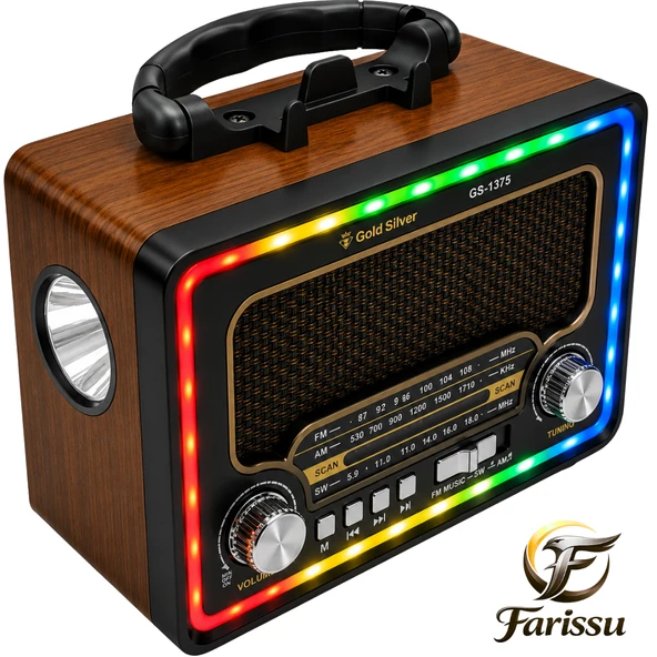 Gold Silver GS-1375 Nostaljik Radyo - Bluetoothlu, Güneş Panelli, Şarjlı Fenerli Taşınabilir Hoparlör ürün görseli 1