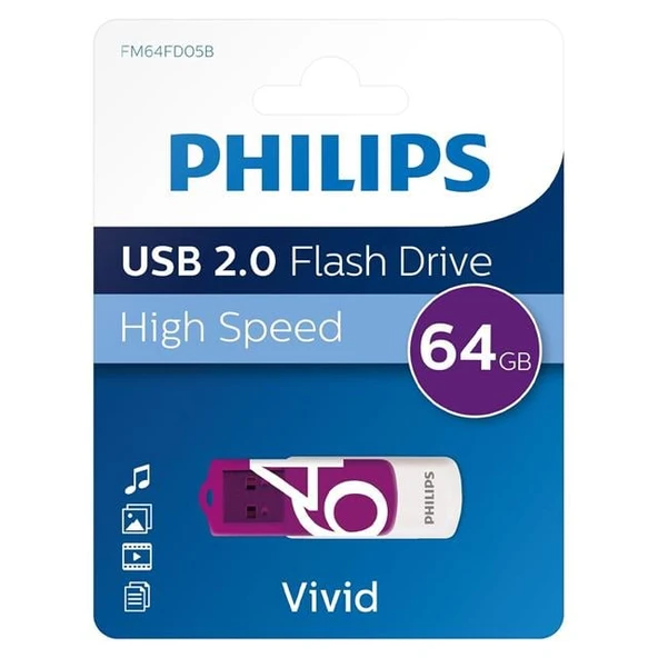 Philips Vivid Serisi 64GB USB 2.0 High Speed Flash Bellek (FM64FD05B/00) ürün görseli 1