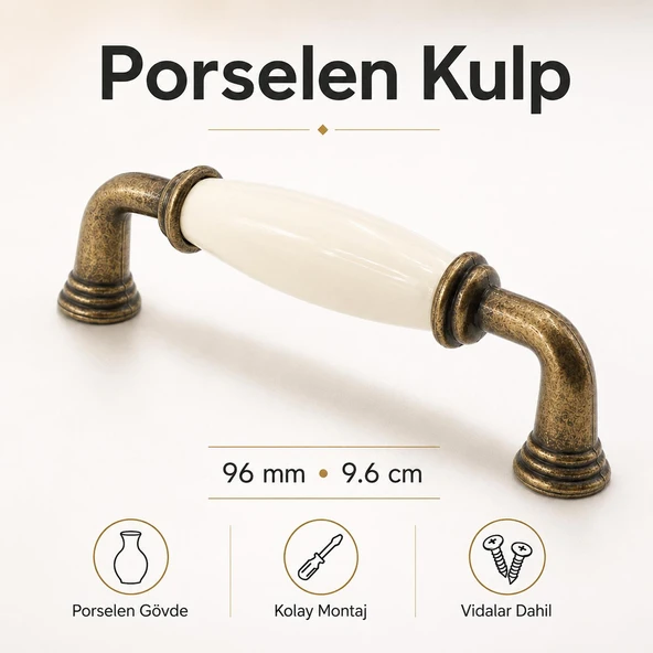 Krem Antik Sarı Porselen Kulp 96 mm 9.6 cm Mobilya Çekmece Dolabı Dolap Kapak Kulb Kulpu ürün görseli 1
