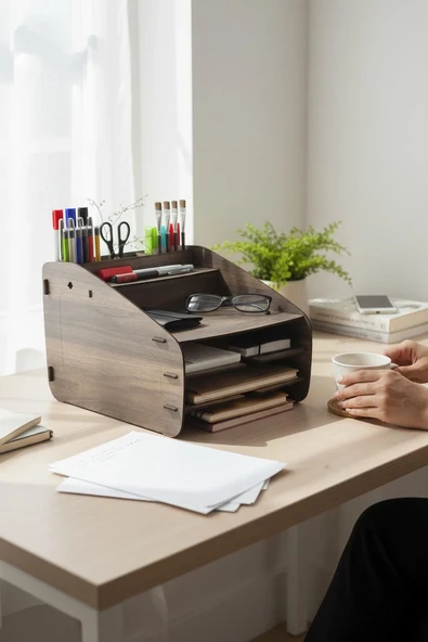 Evrak Rafı Masaüstü Medium Organizer Ceviz Desenli 3mm MDF ürün görseli 1