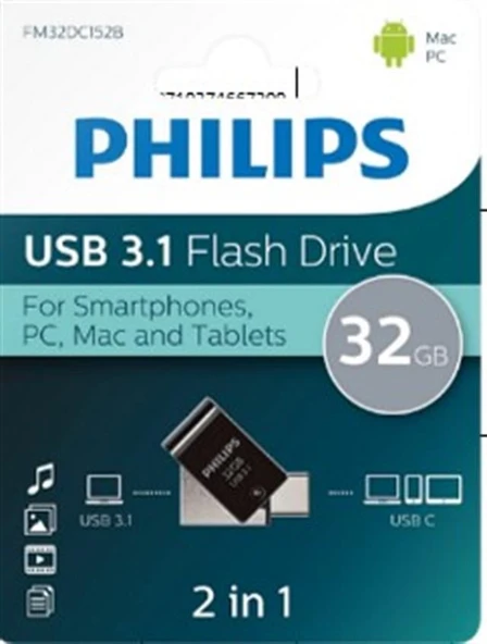 Philips FM32DC152B/00 32Gb 2 IN 1 TYPE-C/USB 3.1 Siyah Gri USB Bellek ürün görseli 1