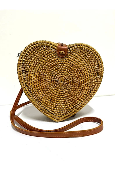 Barc Shop Hasır Bambu Rattan Love Çanta El işi Kalp Figürlü Sevgiliye Çanta 20x18 ürün görseli 1
