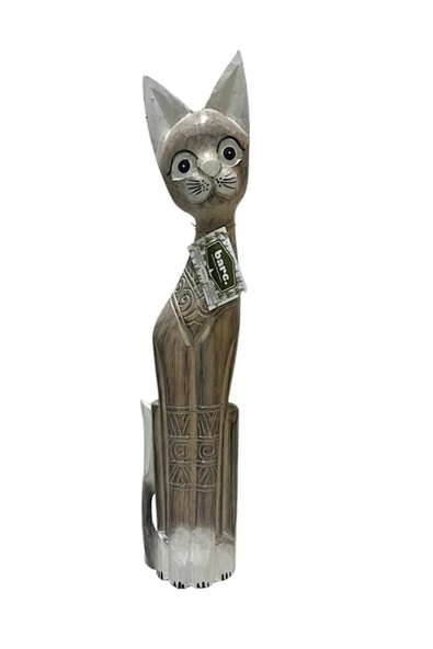 Barc Shop Ahşap Dekoratif Kedi 60 Cm K.Kahve Otantik El yapımı Biblo ürün görseli 1