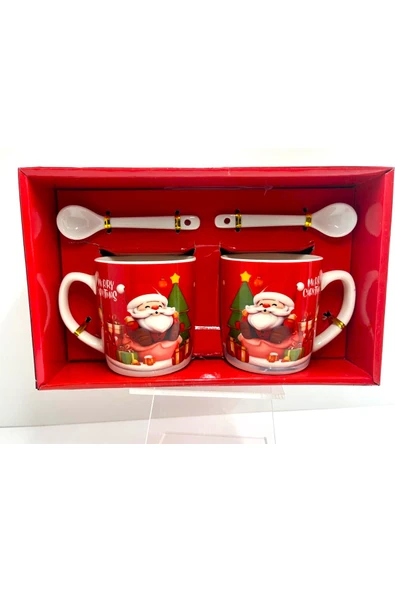 Barc Shop Hediyelik 2'li Seramik Kupa Bardak Yılbaşı Tema Kaşıklı Kupa-Fincan Seti Noel Baba ürün görseli 1