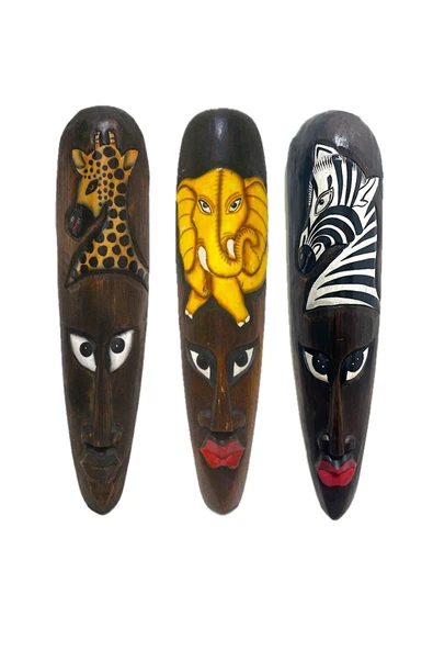 Barc Shop Ahşap Otantik 3 lü Maske Set 50cm Dekoratif Duvar Süsleri Otantik Fil-Zebra-Zürafa ürün görseli 1