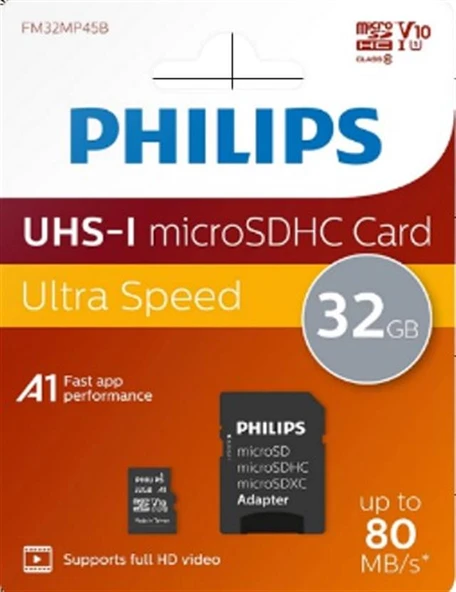 Philips FM32MP45B/00 32GB Class10 UHS-I U1 TF Adaptörlü Micro SDHC Hafıza Kartı ürün görseli 1