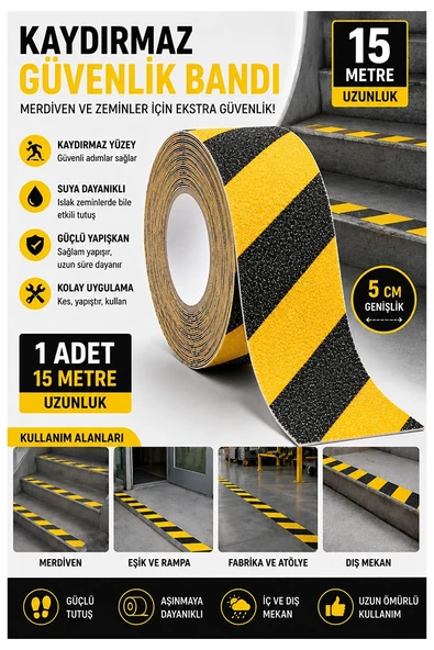 Merdiven Kaydırmaz Bant Sarı Siyah 50mm 1 Adet Mas Güvenlik Uyarı Bandı 15 Metre 5 cm Yapışkanlı Basamak Mermer Beton ürün görseli 1