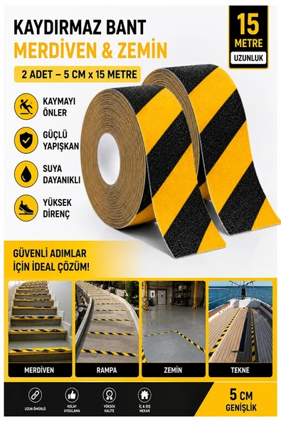 Merdiven Kaydırmaz Bant Sarı Siyah 50mm 2 Adet Mas Güvenlik Uyarı Bandı 15 Metre 5 cm Yapışkanlı Basamak Mermer Beton ürün görseli 1