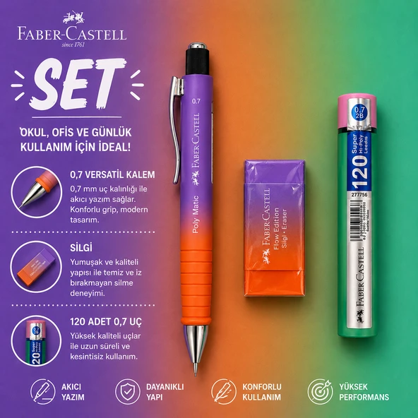 Faber-Castell Polymatic Flow Edition Versatil Kalem 0,7 Mor-Turuncu Renk+Silgi+0,7 Uç Set ürün görseli 1
