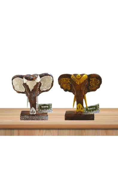 Barc Shop Ahşap Dekoratif Fil Kafa 22 Cm 2'li Set Sedefli ve Desenli Otantik El Yapımı Biblo ürün görseli 1