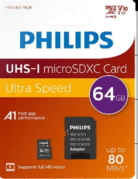 Philips FM64MP45B/00 64GB Class10 UHS-I U1 TF Adaptörlü Micro SDXC Hafıza Kartı ürün görseli 1