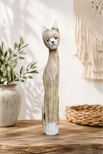 Barc Shop Ahşap Dekoratif Kedi 80 Cm A. Kahva Otantik El Yapımı Biblo ürün görseli 1