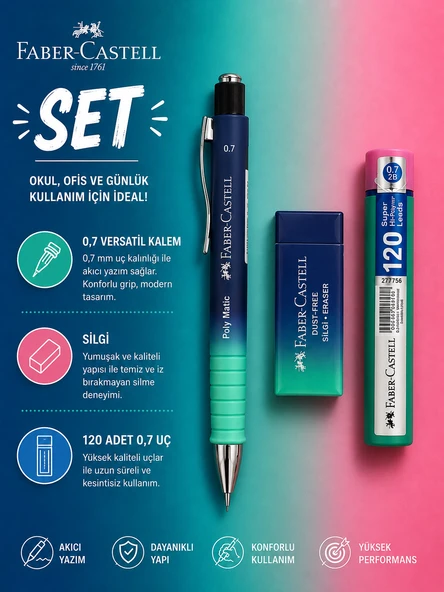 Faber-Castell Polymatic Flow Edition Versatil Kalem 0,7 Mavi-Turkuaz Renk+Silgi+0,7 Uç Set ürün görseli 1