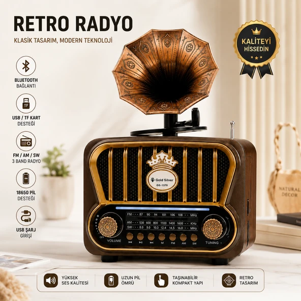 Gold Silver GS-1370 Nostaljik Gramofon Tasarımlı Bluetoothlu 3-Band Radyo & Müzik Çalar ürün görseli 1
