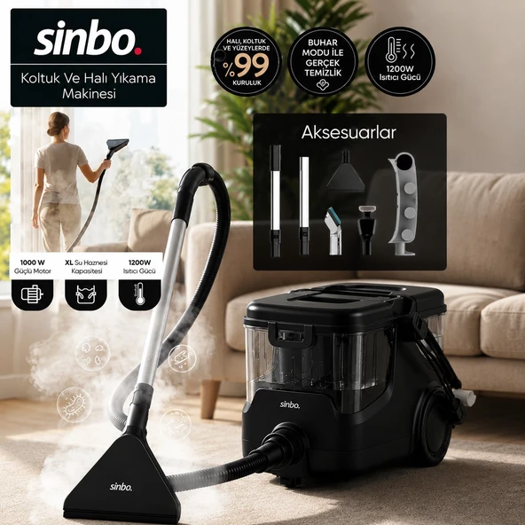 Sinbo SCC-7607 Buharlı Koltuk ve Halı Yıkama Makinesi Derinlemesine Buharlı Temizlik Güçlü Vakum ürün görseli 1