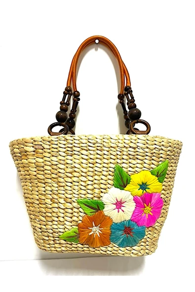 Barc Shop Hasır Bambu Rattan El Çantası Çiçek Desenli Organik Çanta 35x25 CM ürün görseli 1