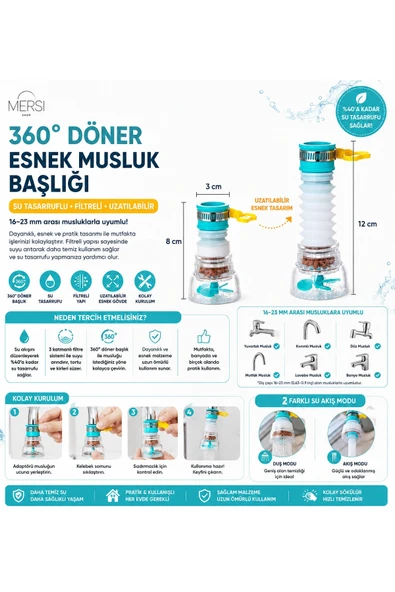 360 Döner Uzatılabilir Musluk Başlığı  Su Tasarruflu Filtreli Esnek Musluk Aparatı 16-23 mm ürün görseli 1