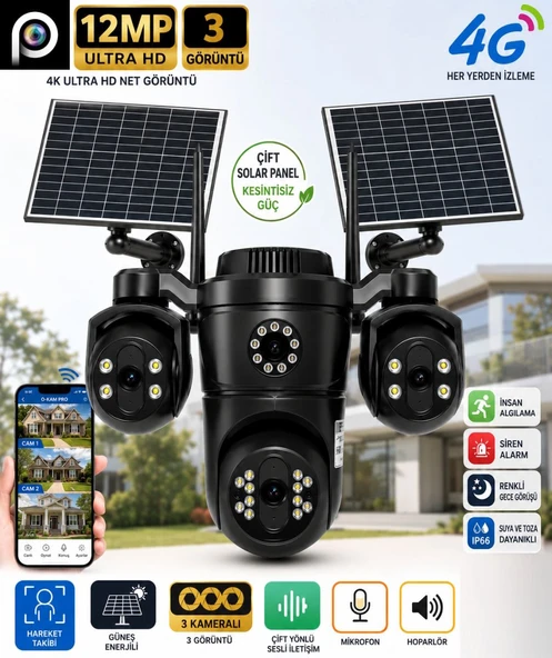 MPIA KOTO 12MP 3 Lens 4G Çift Solar Panel HiEasy AOV (Sürekli Kayıt) Gece Görüş Çift Yönlü Ses Akıllı Güvenlik Kamerası ürün görseli 1