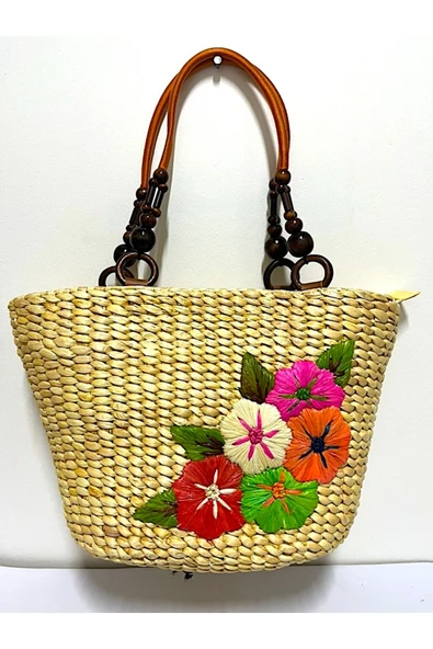 Barc Shop Hasır Bambu Rattan Renkli Çiçek Desenli El Çantası Organik El işi 35x25 Cm ürün görseli 1
