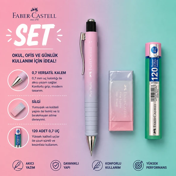Faber-Castell Polymatic Flow Edition Versatil Kalem 0,7 Pastel Pembe-Açık Mavi Renk+Silgi+0,7 Uç Set ürün görseli 1