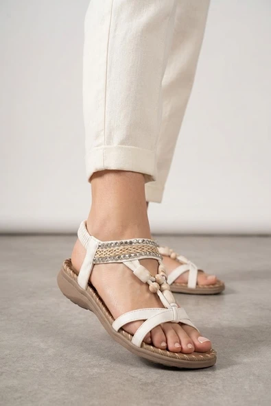 Solly Ewoll 4122  Beyaz Taşlı Kadın Sandalet ürün görseli 1